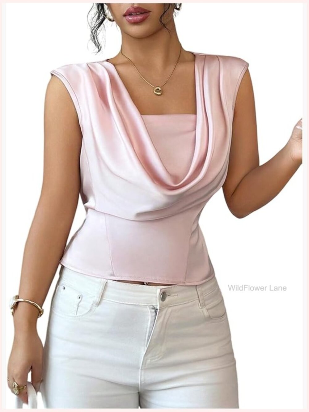 Satin Draped Cowl Neck Sleeveless Blouse Dressy Top - Picture 1 of 5